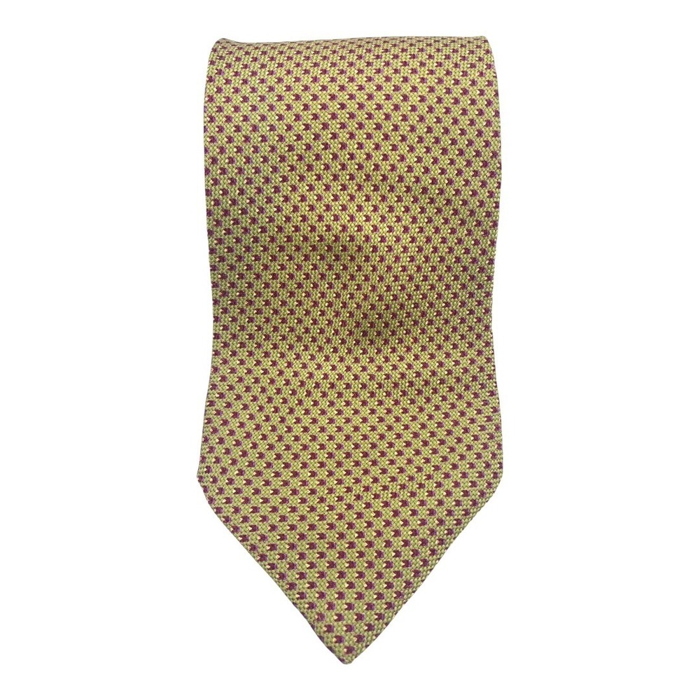 Ermenegildo Zegna Silk Tie Mens Yellow Burgundy‎ Micro Dot Pattern Made in Italy